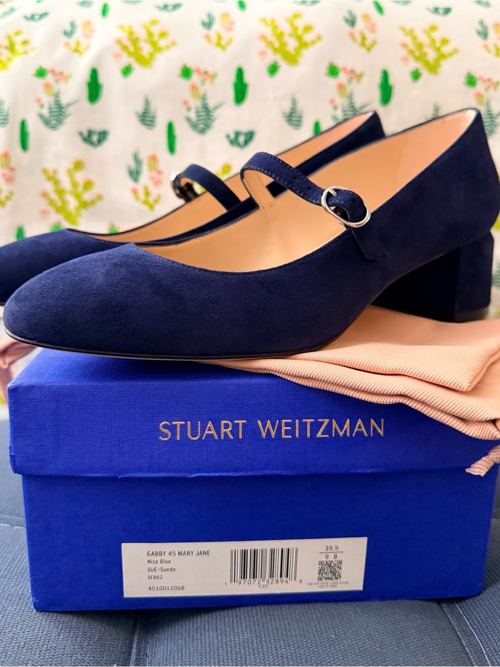 Stuart Weitzman Blue Suede Gabby Mary Jane Block Heel Pump | Size 39.5 / 9